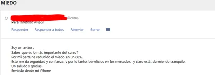 Email con asunto MIEDO: lo más importante del curso, ha reducido el miedo en un 80% y duerme tranquilo.