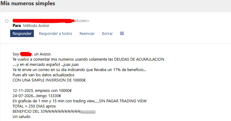 Email de Nando, Mis números simples: usando solo deudas de acumulación en el mercado español, de 10000 euros el 12-11-2025 a 13330 euros el 24-07-2026.
