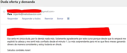 Email con asunto Duda oferta y demanda: lleva meses ganando dinero de manera consistente y está en shock.